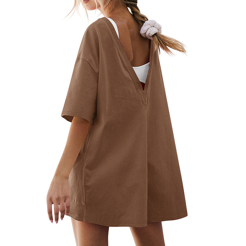Casual Loose Short-sleeved Jumpsuit With Pockets New Crew Neck Shorts Overall Pants Summer Womens Clothing d58c2b37 d1b0 4b06
