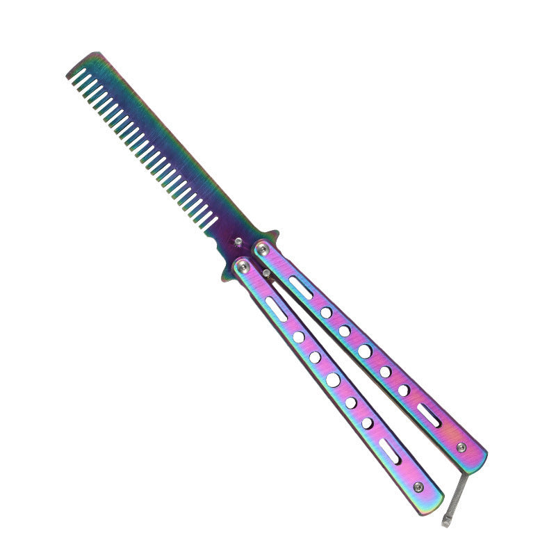 Outdoor Foldable Comb Stainless Steel Practice Training Butterfly Knife Comb Beard Moustache Brushe Salon Hairdressing Hair S