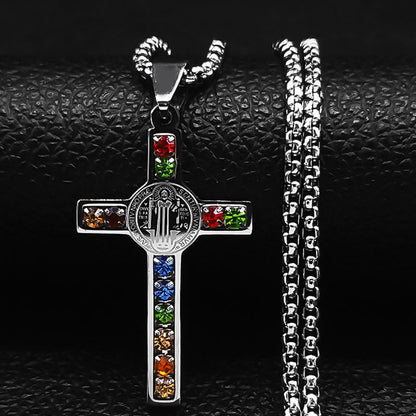 St Benedict Crystal St Pendant Cross Stainless Steel Necklace d6a0173f 25d5 498a b802 9f6b454374f0
