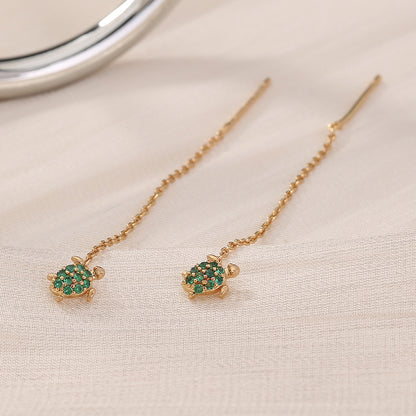 Thin Face Earlines, The New Trend Of Small Simple Tassel Earrings Long Copper Micro-green Zircon Small Turtle Earrings Pendan