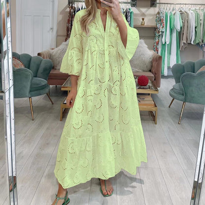French Style V-neck Bell Sleeve Lace Hollow Out Solid Color Sexy Long Dress Women d7505c2e 8b5b 4031 84dd 179e9dfbbd8c