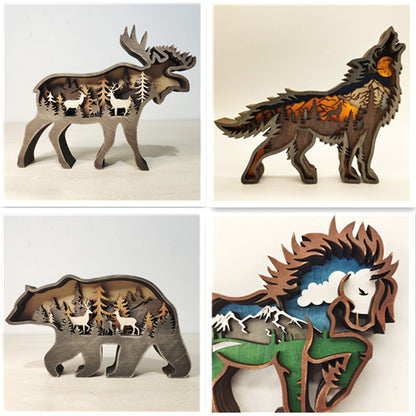 Christmas Decoration Wooden Animal Carving Handcraft Gift Wall Hanging Sculpture 3D Bear Deer Elk Art Decor New Year Ornament