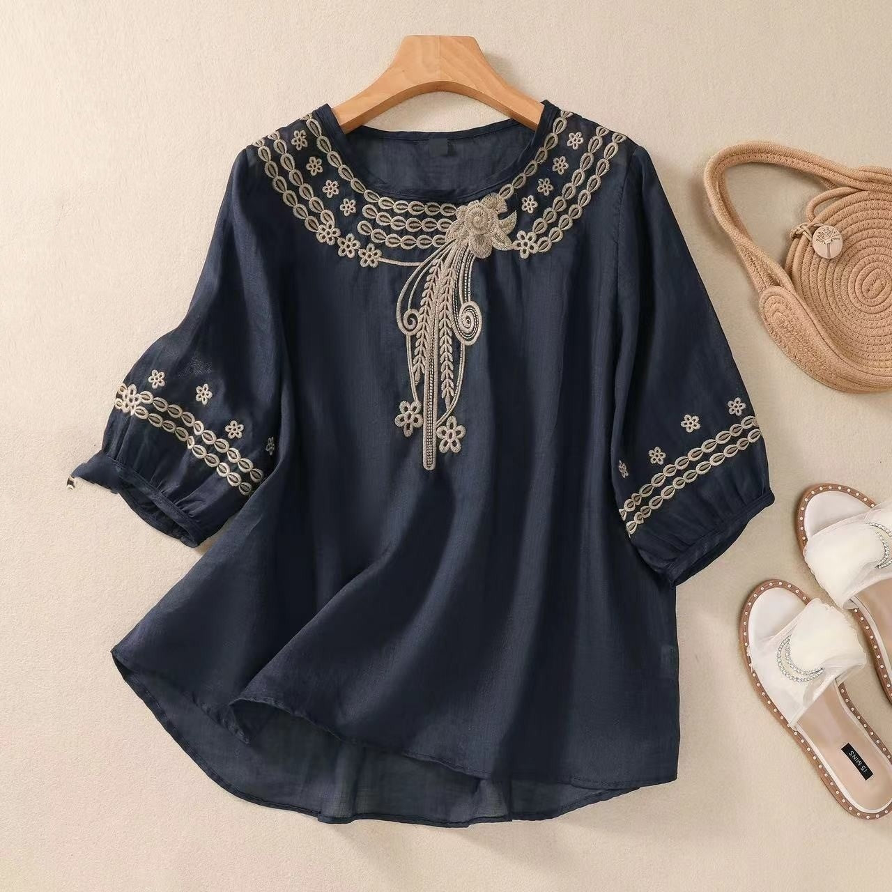Vintage Cotton And Linen Embroidered Shirt Summer Half Sleeve d81e01dd ec78 49ff 8cda 914161b4214e a1550751 6a2b 434a 904d 7d