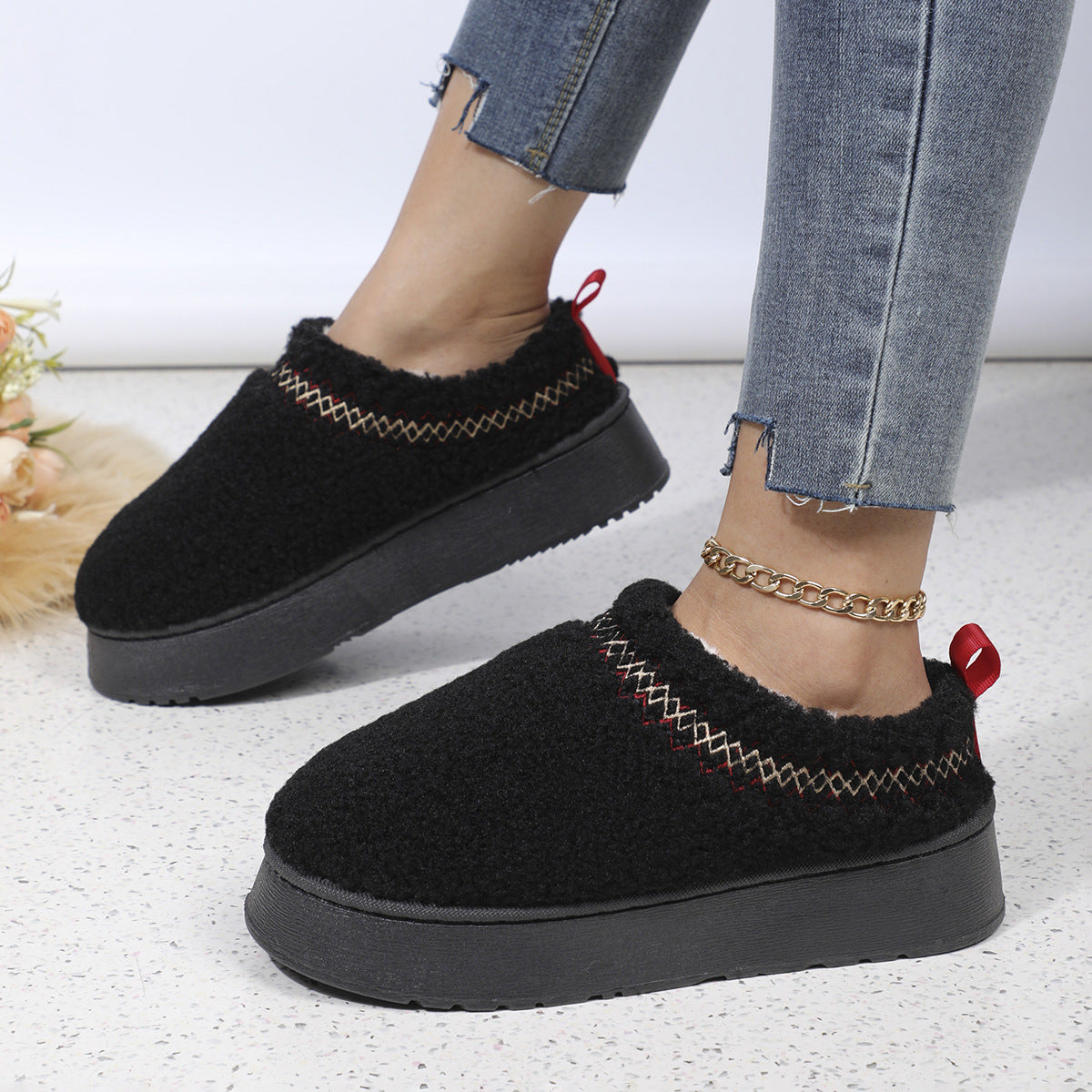 New Ethnic Style Sewing-edge Plush Slippers Winter Indoor Floor Thick-soled Slipper Fashion Outdoor Warm Garden Shoes d84a642