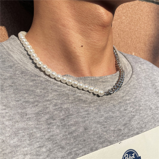 Men's Stitching Stainless Steel Cuban Chain Pearl Necklace d8956dfc e80c 4d7d bdf3 eed6340ab299