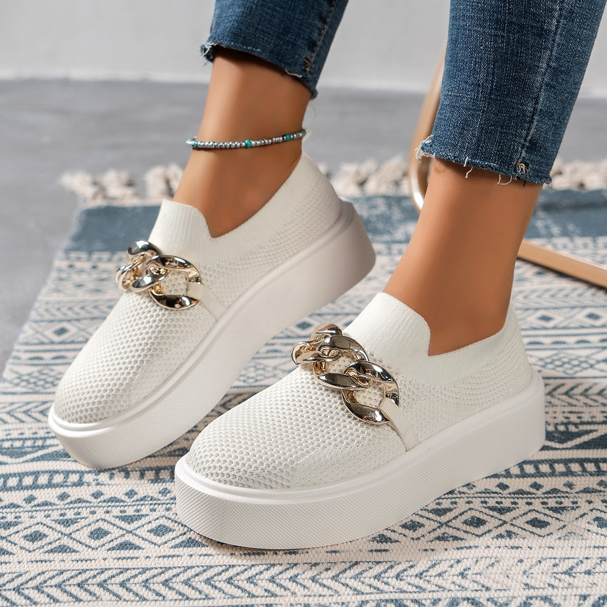Spring And Autumn New Thick Bottom Shallow Mouth Knitted Mesh Chain Outer Wear Casual Women's Shoes d991a2ea 419b 487e 9a8d 2