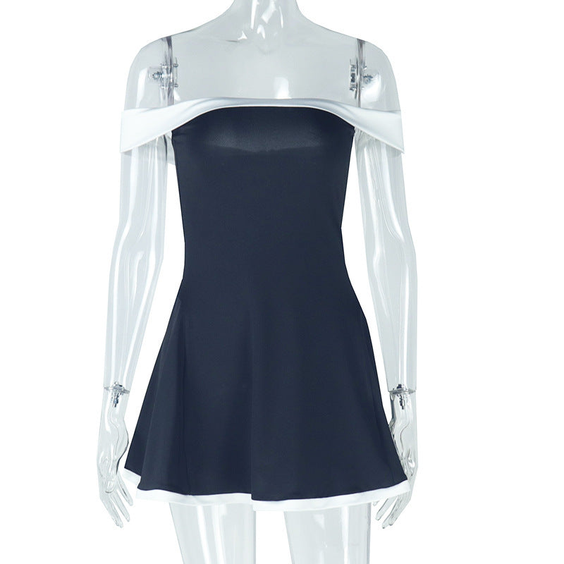 Women's Black And White Patchwork Summer Dress Y2K Trend Slash Neck Backless Sweet Girl Chic Ruched Mini Bodycon Streetwear d