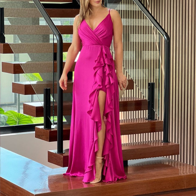 European And American Women's Clothing Summer New V-neck Brace High Waist Ruffles Irregular Slit Dress db91e373 1a54 457f 99d