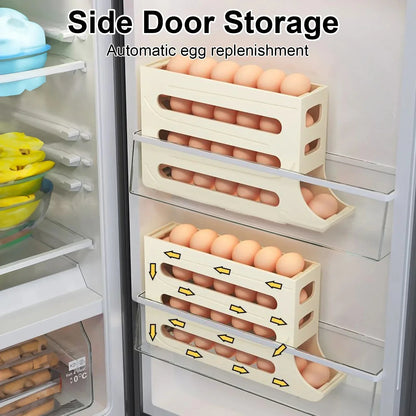 Refrigerator 4-Layer Automatic Egg Roller Sliding Egg Tray Refrigerator Side Door Large Capacity Holder Egg Storage Box Kitch