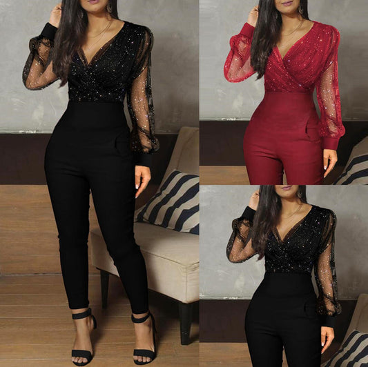 European And American Ladies Fashion V-neck Sequins Mesh Long Sleeve Jumpsuit dc40d598 28b7 48f9 8dea be541ad8ada8