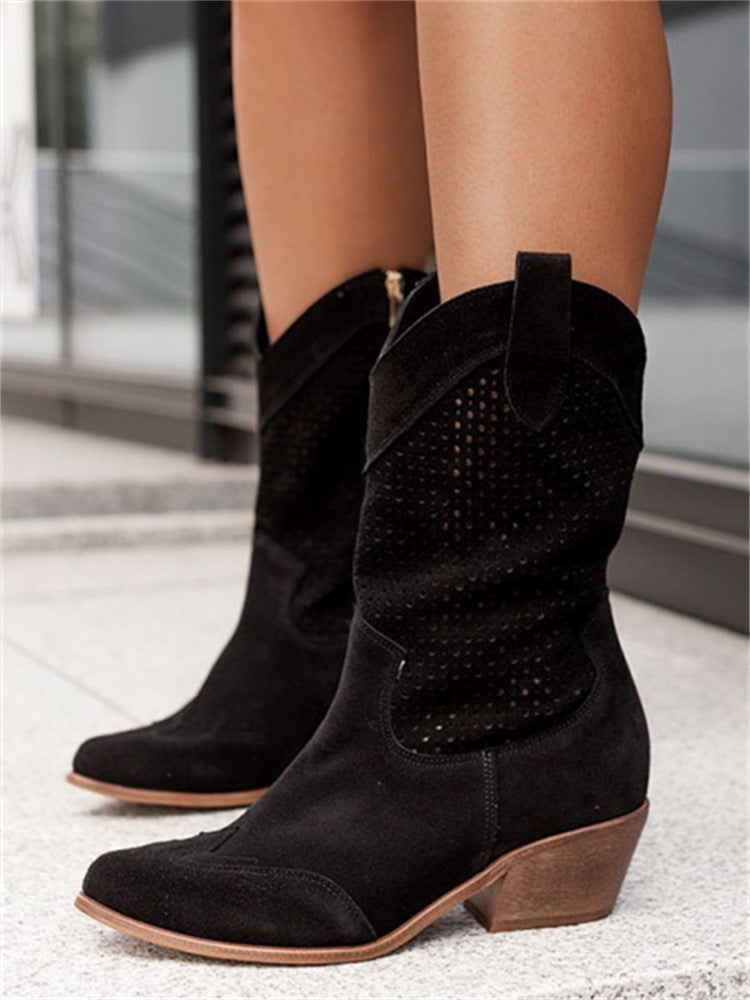 Mid-heel Burnt-out Suede Low-cut Women's Boots dcbc29af d564 4919 8e1e 093dae046da0