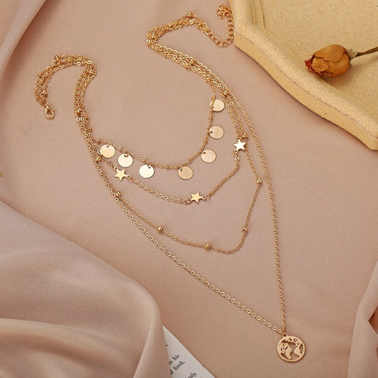Simple Round Piece Five-Pointed Star Pendant Multilayer Necklace dcc67c65 2c59 42ab 9241 2cd232e0e2d6