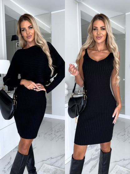 2pcs Suit Women's Solid Stripe Long-sleeved Top And Tight Suspender Skirt Fashion Autumn Winter Slim Clothing - HD Wireless Product #8