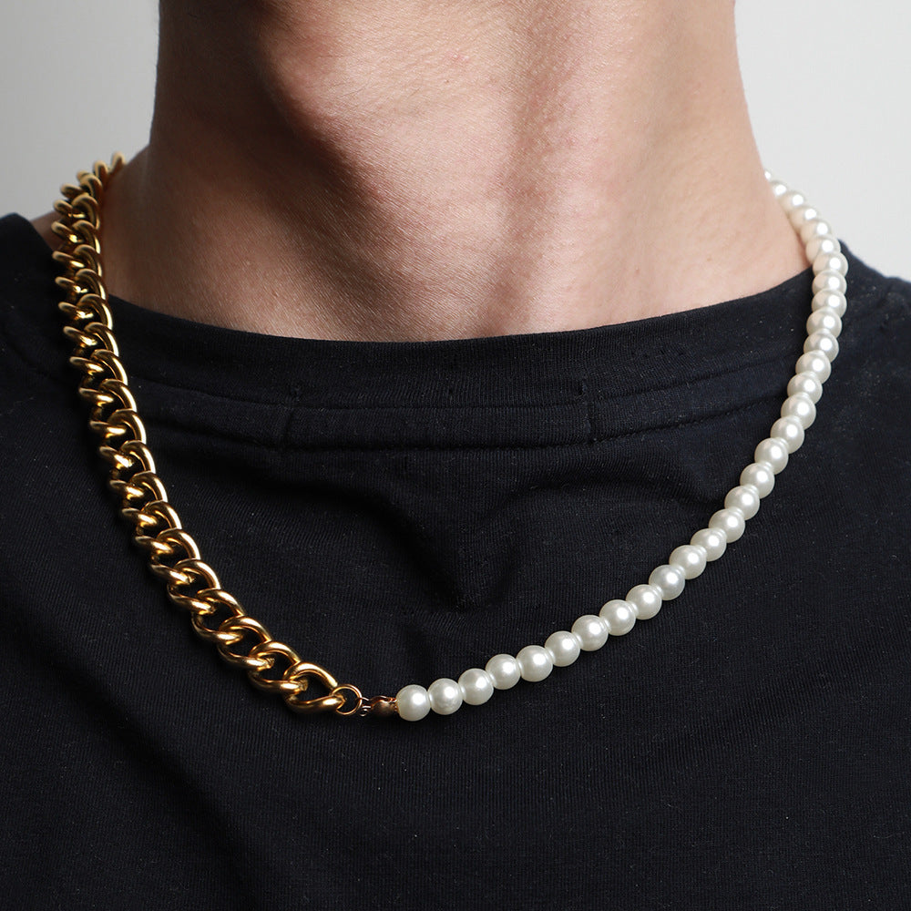 Men's Stitching Stainless Steel Cuban Chain Pearl Necklace def8ac56 b16a 4205 9453 01107416a794