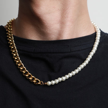 Men's Stitching Stainless Steel Cuban Chain Pearl Necklace def8ac56 b16a 4205 9453 01107416a794