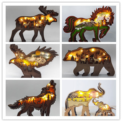 Christmas Decoration Wooden Animal Carving Handcraft Gift Wall Hanging Sculpture 3D Bear Deer Elk Art Decor New Year Ornament