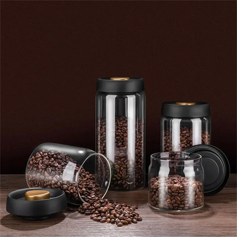 Vacuum Sealed Jug Set Black Coffee Beans Glass Airtight Canister Kitchen Food Grains Candy Keep Good Storage Jar Set Kitchen 