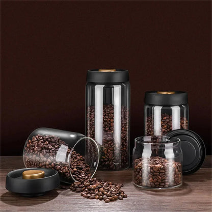 Vacuum Sealed Jug Set Black Coffee Beans Glass Airtight Canister Kitchen Food Grains Candy Keep Good Storage Jar Set Kitchen 