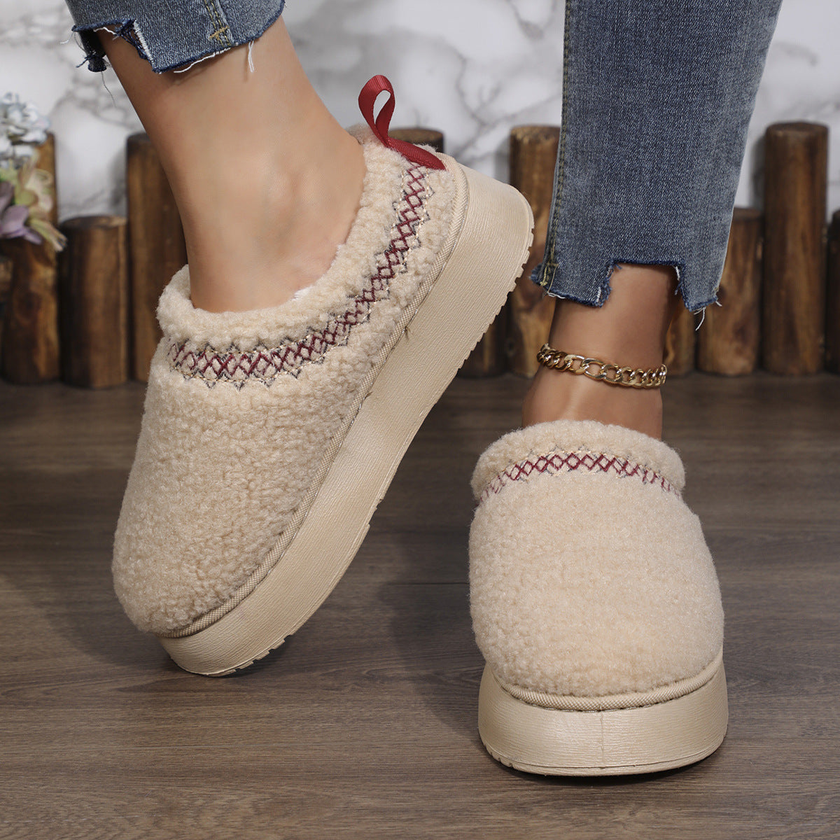 New Ethnic Style Sewing-edge Plush Slippers Winter Indoor Floor Thick-soled Slipper Fashion Outdoor Warm Garden Shoes e061c99