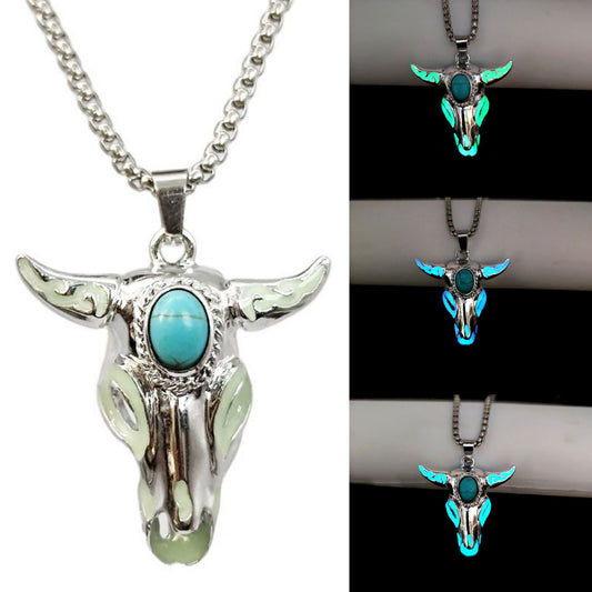 Men's Turquoise Gemstone Bull Head Luminous Stainless Steel Necklace e130f67b c013 4716 a2cd 955164182f38