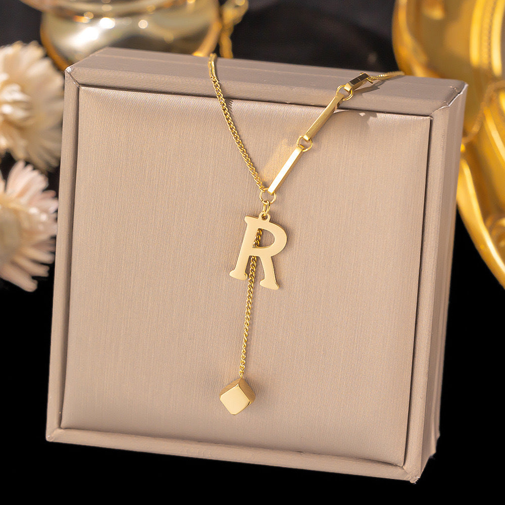 Necklace Ornament Titanium Steel Tassel 26 Letters Female Small Square Pendant Graceful Personality Jewelry e1525f6d 7663 4b6
