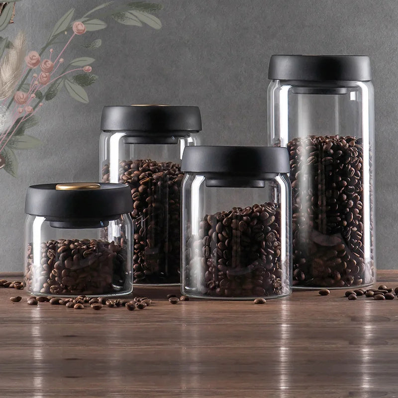 Vacuum Sealed Jug Set Black Coffee Beans Glass Airtight Canister Kitchen Food Grains Candy Keep Good Storage Jar Set Kitchen 