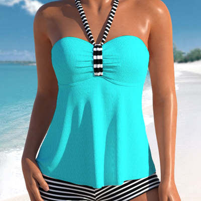 Solid Color Black And White Striped Off-shoulder Swimsuit Suit e1997fcf 308a 48be 87f6 1302191e5337
