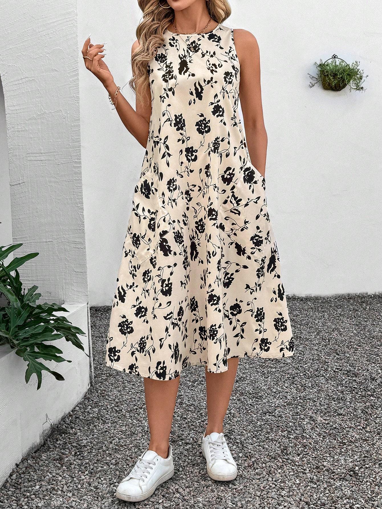 Round Neck Sleeveless Flared Hem Retro Floral Print Casual Elegant Midi Dress e1c7dffa dbb9 4245 82bc bab0c0a4a606