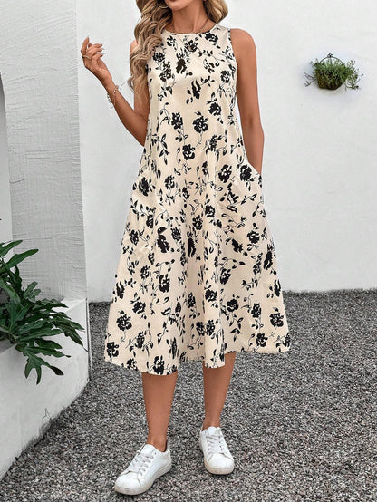 Round Neck Sleeveless Flared Hem Retro Floral Print Casual Elegant Midi Dress e1c7dffa dbb9 4245 82bc bab0c0a4a606