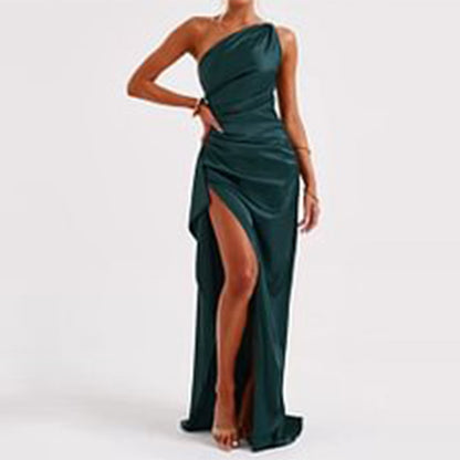 Sexy One-shoulder Backless Slit Dress Summer Elegant Slim-fit Solid Color Satin Dresses For Women e243599c 0307 43c7 9561 d39