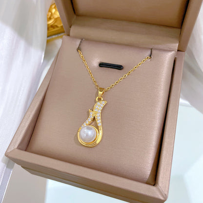 Necklace And Earrings Suite Light Luxury Full Diamond Pearl