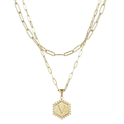 14K Gold Double-layer Combination Necklace Cool Female Letter Stainless Steel Necklace - HD Wireless Product #23
