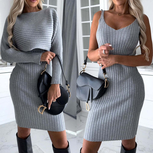 2pcs Suit Women's Solid Stripe Long-sleeved Top And Tight Suspender Skirt Fashion Autumn Winter Slim Clothing - HD Wireless Product #1