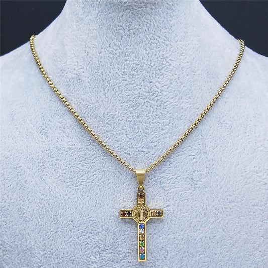 St Benedict Crystal St Pendant Cross Stainless Steel Necklace e48ccb57 e840 443b afaf 3de9c199e343