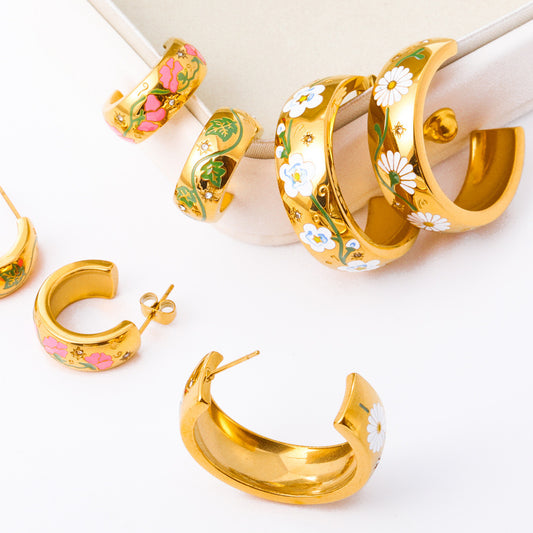 Painted Flower Flower Rose C- Shaped Earrings e506a1c0 96a9 42f1 a546 c28d3aab5e76