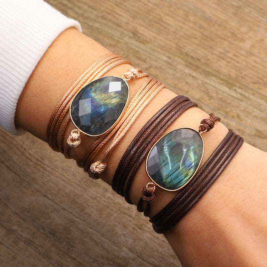Irregular Shining Stone Labradorite Multi Turn Hand-woven Wax Thread Bracelet Hand Rope e54136fd abdb 4833 b035 3f65123d3944