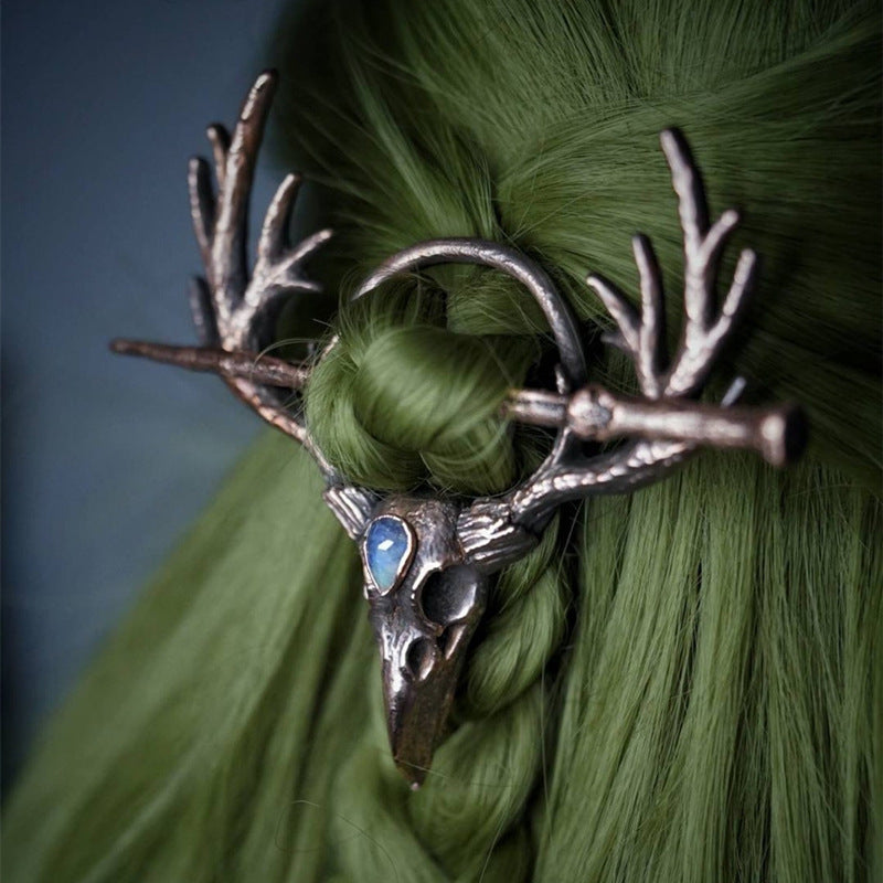Gothic Retro Crow Skeleton Moonlight Stone Deer Horn Women's Hairpin e59de318 13b3 4762 a9c7 4ce1f62c4541
