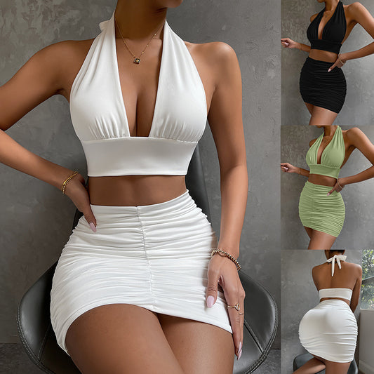 2pcs Dress Suits For Women Halter Lace-up Hip Top And Pleated Hip-covering Skirt - HD Wireless Product #1