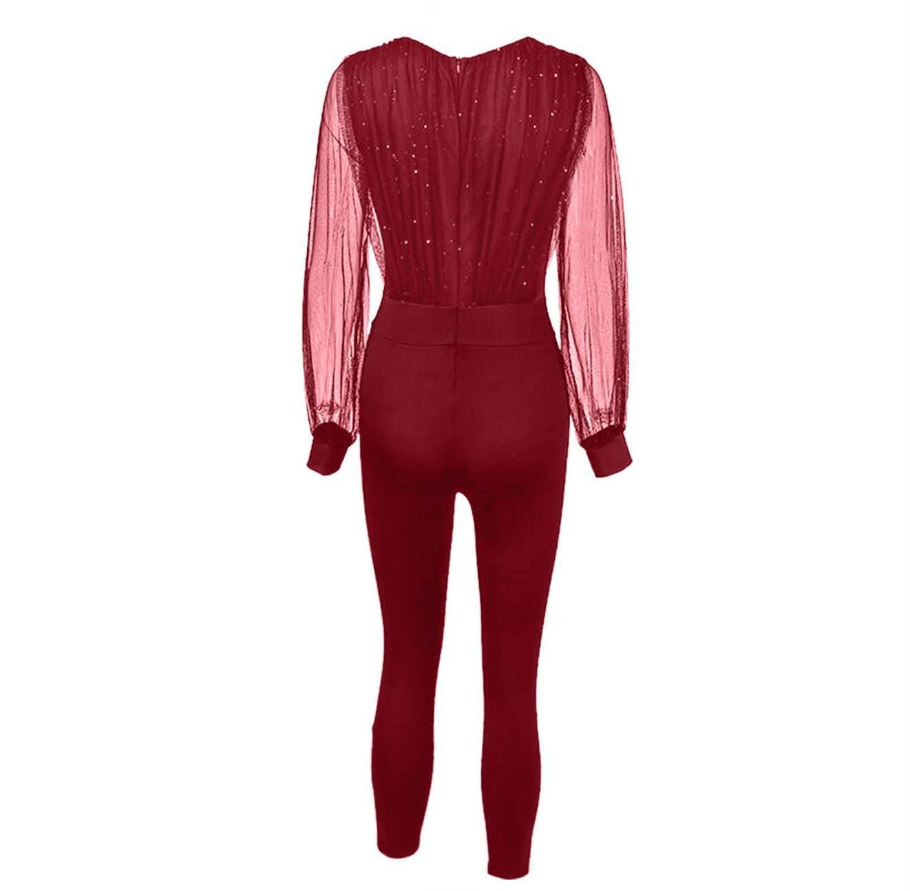 European And American Ladies Fashion V-neck Sequins Mesh Long Sleeve Jumpsuit e712d557 42f9 47e8 996b c9d47b04ac00