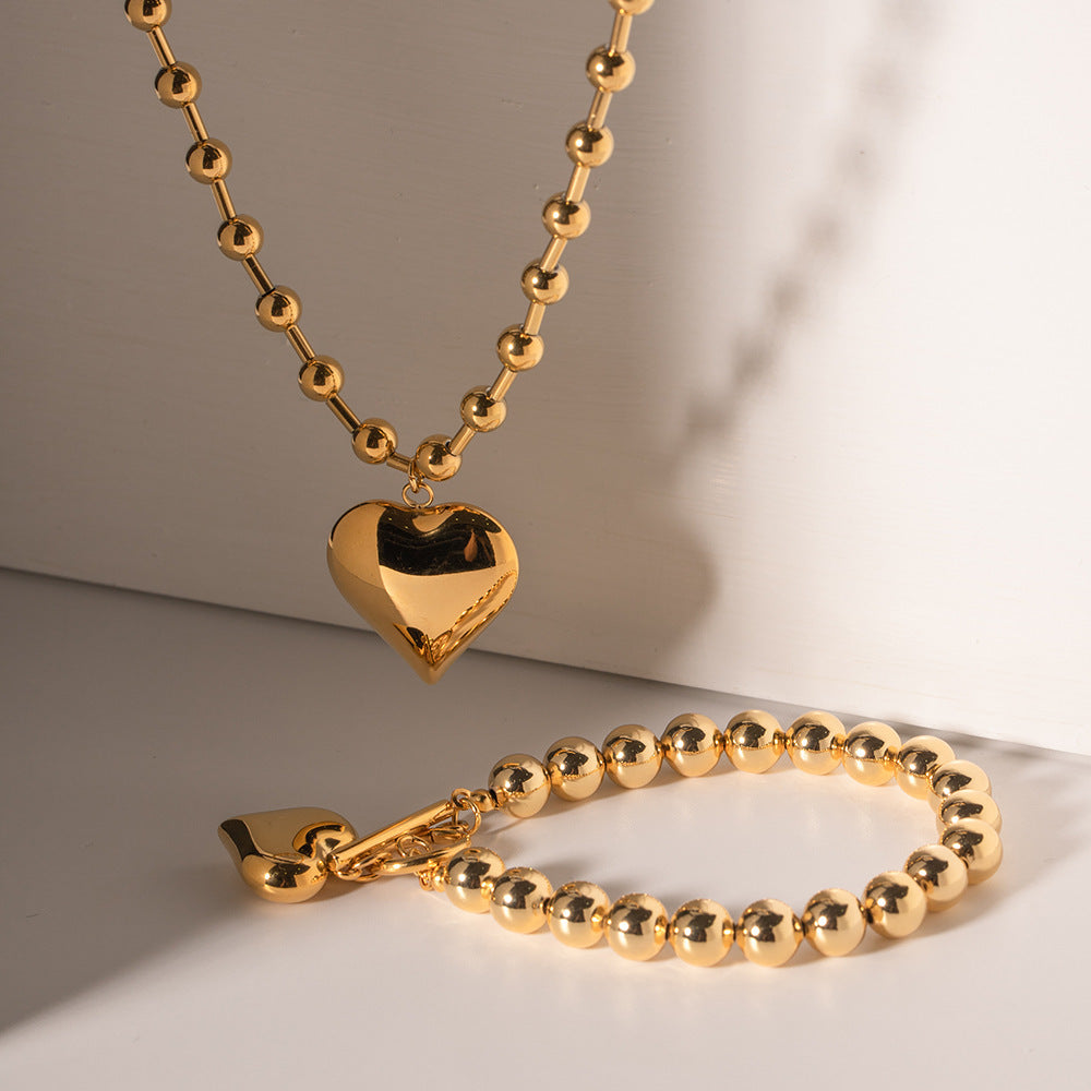 Three-dimensional Peach Heart Pendant Round Beads Stainless Steel Necklace e7515598 1bd7 4f87 8be8 f85e92fc9e37