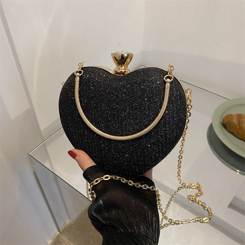 Evening Clutch Bag Women Bag Shiny Handbag Heart Shape Metal Clutches Bag Fashion Chain Shoulder Crossbody Bag Luxury Lady Pu