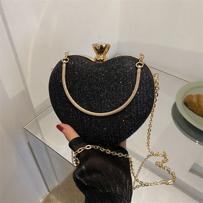 Evening Clutch Bag Women Bag Shiny Handbag Heart Shape Metal Clutches Bag Fashion Chain Shoulder Crossbody Bag Luxury Lady Pu