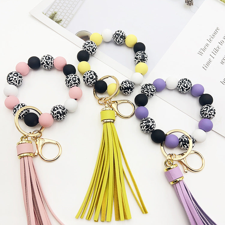 Black Leopard Print White Background Wooden Bead Keychain e8444395 534d 4954 8f2a fb7c5d9ce0a0