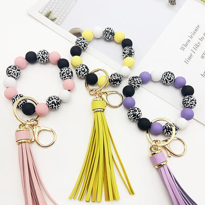 Black Leopard Print White Background Wooden Bead Keychain e8444395 534d 4954 8f2a fb7c5d9ce0a0
