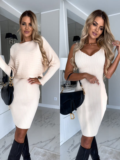 2pcs Suit Women's Solid Stripe Long-sleeved Top And Tight Suspender Skirt Fashion Autumn Winter Slim Clothing - HD Wireless Product #10