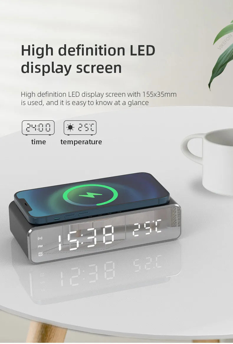 LED Electric Alarm Clock With Wireless Charger Desktop Digital Despertador Thermometer Clock HD Mirror Clock Watch Table Decor