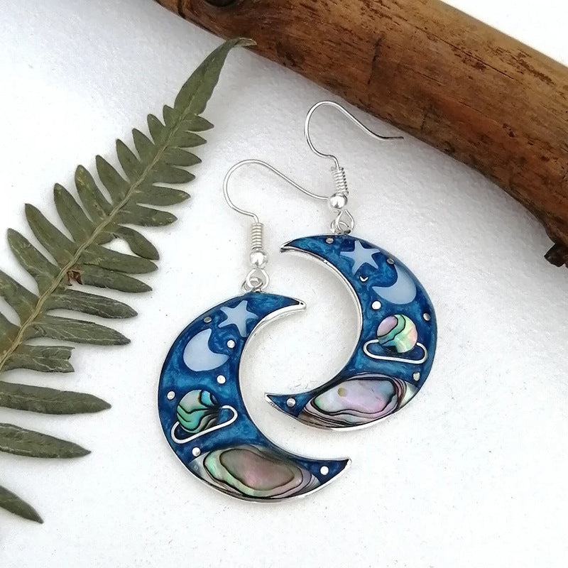 Female Retro Crescent Blue Sky Planet Earrings eaba9959 4a1e 4c25 ba99 dd900d32f2d2