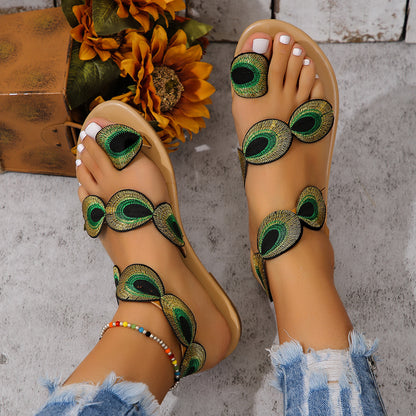 Fashion Peacock Embroidery Pattern Flat Sandals Summer Vacation Casual Clip Toe Beach Shoes For Women eacf4471 b46d 47f7 9bb6