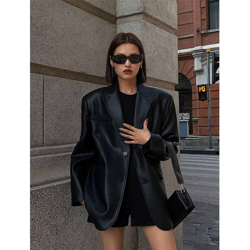 Women's Black Pu Suit Leather Coat eafda73e 49e1 4e4f a428 1fa7a01d3aab