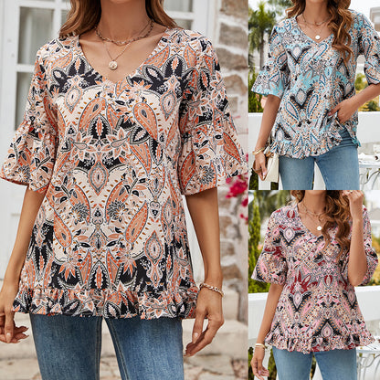 V-neck Printed T-shirt Casual Bell Sleeve Top eb037ccd 43d1 4d0a a451 83599a6da61e